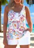 Lace Up Paisley Print White Tankini Set