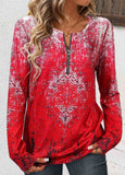 Red Circular Ring Tribal Print Long Sleeve T Shirt