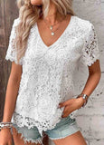 Lace Short Sleeve V Neck T Shirt