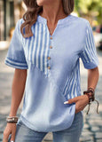 Patchwork Striped Short Sleeve Split Neck Blouse