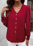 Wine Red Embroidery Long Sleeve V Neck Blouse