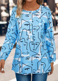 Button Graffiti Print Sky Blue Round Neck Blouse