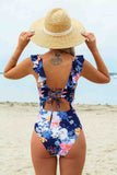 Elegant  Floral Ruffled Lace-Back One Piece Swimsuit