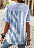 Patchwork Striped Short Sleeve Split Neck Blouse