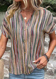 Button Striped Short Sleeve Blouse