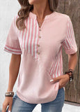 Patchwork Striped Short Sleeve Split Neck Blouse