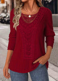 Wine Red Embroidery Long Sleeve Round Neck T Shirt