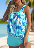 Bowknot Floral Print Cyan Tankini Set