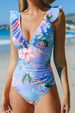 Elegant  Floral Ruffled Lace-Back One Piece Swimsuit