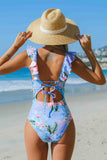 Elegant  Floral Ruffled Lace-Back One Piece Swimsuit