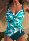 Drawstring Tropical Plants Print  One Piece Swimwear