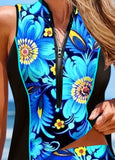 Zipper  Patchwork Mid Waisted Floral Print Tankini Set