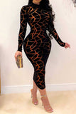 Geometric Print Long Sleeve Bodycon Maxi Dress