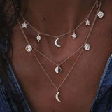 Star and Moon Decorated Silver Metal Necklace