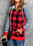 Plaid Print Striped Raglan Hoodie with Pocket