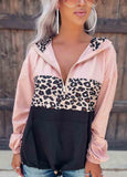 Contrast Leopard Colorblock Zip Front Hoodie