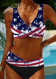 Lace Up American Flag Print High Waisted Bikini Set