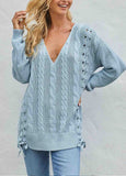 Knitted Drawstring V-Neck Sweater