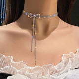 Valentines Rhinestone Silver Bowknot Necklace for Women