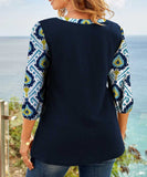 Shirred Three Quarters Sleeve V Neck Tunic Top