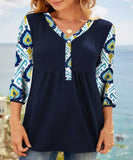 Shirred Three Quarters Sleeve V Neck Tunic Top