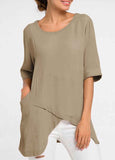 Pocket Hem Half Sleeve Cotton Blouse