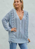 Knitted Drawstring V-Neck Sweater