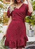 Polka Dot V Neck Short Sleeve Dress