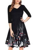 Belted Floral Print Round Neck Black Dress