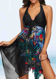 Asymmetric Hem Print Halter Swimdress and Panty