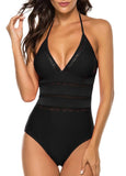 Solid Halter V-Neck One-piece Swimsuits