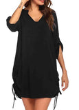 Chiffon Drawstring Solid  V Neckline Blouse