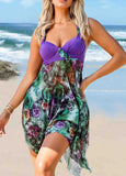 Asymmetric Hem Floral Print Halter Swimsuit