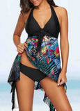 Asymmetric Hem Print Halter Swimdress and Panty