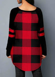 Red Plaid Skew Neck Long Sleeve T-shirt