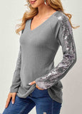 Knit Waffle Panel V-neck Sequin Top