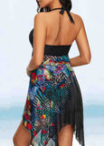 Asymmetric Hem Print Halter Swimdress and Panty