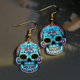 Skull Design Halloween Printed Light Blue Earrings