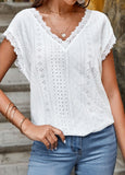 Lace Short Sleeve V Neck T Shirt