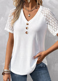 White Patchwork  V Neck T Shirt