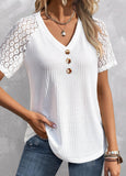 White Patchwork  V Neck T Shirt