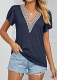 Patchwork Short Sleeve V Neck T Shirt