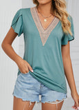 Patchwork Short Sleeve V Neck T Shirt