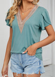 Patchwork Short Sleeve V Neck T Shirt