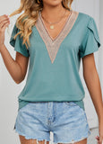 Patchwork Short Sleeve V Neck T Shirt