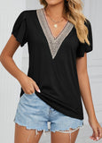 Patchwork Short Sleeve V Neck T Shirt