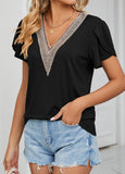 Patchwork Short Sleeve V Neck T Shirt