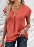 Button Short Sleeve V Neck Blouse