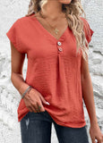 Button Short Sleeve V Neck Blouse