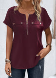 Zipper Short Sleeve Blouse